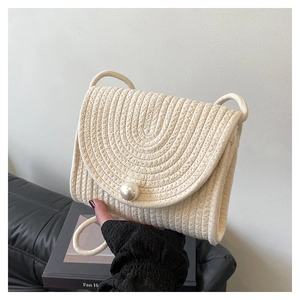 Women Fashion Woven Shoulder Bag Artificial Pearl Buckle Handmade Cotton Rope Straw Crossbody Bag Summer Beach Small Square Bag