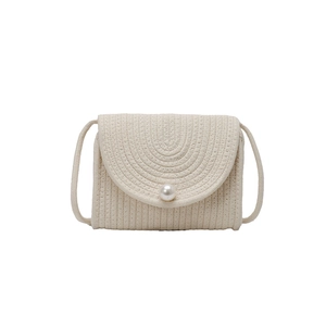 Summer cream woven straw crossbody bag with elegant pearl clasp and shoulder strap