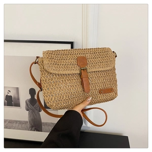 Woven straw crossbody bag with vintage leather strap for women summer beach vacation