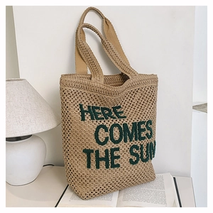 Women Woven Straw Tote Bag Here Comes The Sun Embroidered Large Capacity Shoulder Bag Casual Summer Beach Handbag