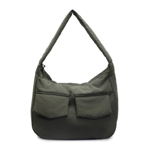 Minimalist soft dark green puffer hobo bag with large capacity and double pockets