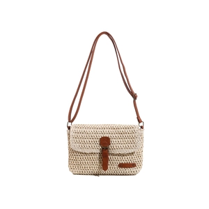 Summer stylish beige woven straw crossbody bag with brown leather flap and metal buckle