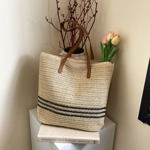 Summer Straw Woven Tote Bag For Women Large Capacity Stripes Shoulder Bag Minimalist Style Beach Vacation Casual Handbag