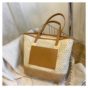 Fashionable hollow paper rope woven beach bag with vintage brown leather accents