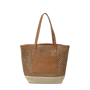 Straw woven tote bag with contrast base and leather front pocket for beach or summer use