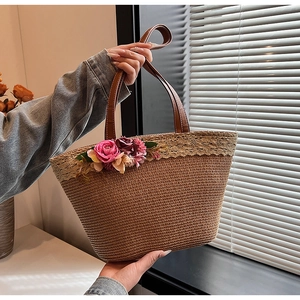 Women Fashion Straw Woven Tote Bag Contrast Color Lace Floral Decor Summer Beach Shoulder Bag Vacation Handmade Handbag