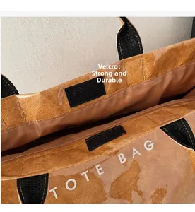 Détail du sac cabas marron avec fermeture velcro noire et doublure intérieure de qualité