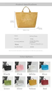 Detailed size specifications and color options for the lightweight Dupont paper tote bag