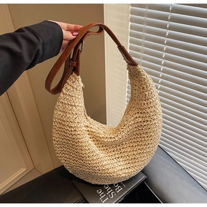Woven Straw Shoulder Bag Large Capacity Summer Beach Hobo Bag Fashion Half Moon Tote For Women Casual Daily Travel