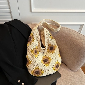 Handmade crochet shoulder bag with sunflower pattern in bohemian ethnic style weave