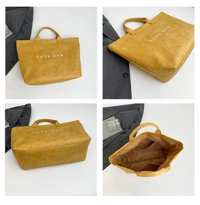 Detailed views of yellow tote bag featuring letter print and multi-pocket interior layout