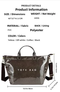 Detail view of brown PVC tote bag showing 48x32x14.5cm dimensions and polyester lining