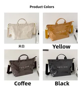 Grid view showing off-white, yellow, coffee and black tote bags with adjustable straps
