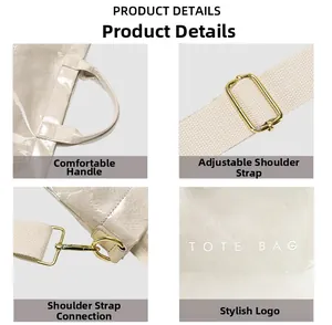 Detailed views of light beige tote bag with gold hardware and adjustable strap