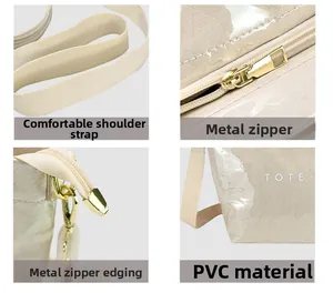 Detail view of cream tote bag featuring textured PVC fabric and gold-tone metal zipper