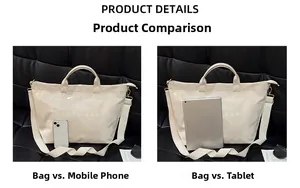 Detailed size comparison of beige tote bag with tablet and mobile phone visuals