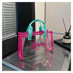 Women Transparent PVC Mesh Tote Bag Summer Ins Style Contrast Color Letter Print Shoulder Bag Lightweight Beach Shopping Bag