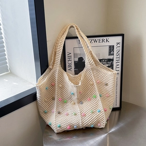 Women Handmade Crochet Tote Bag Colorful Artificial Pearl Beaded Woven Shoulder Bag Large Capacity Hollow Knitted Handbag For Seaside Vacation Summer Daily Casual