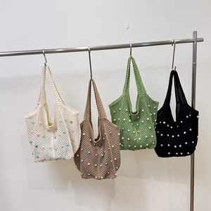 Handmade crochet tote bag with pearl beads and openwork knit in four summer colors