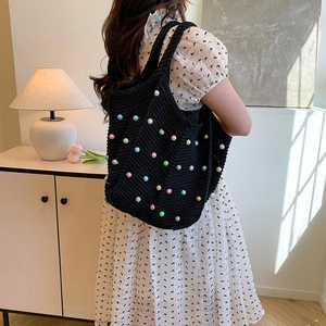 Lazy style black crochet shoulder tote bag with colorful pearls for beach summer vacation