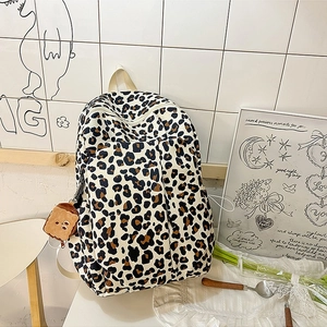 Women Cute Leopard Print Nylon Backpack Schoolbag With Plush Toast Charm Large Capacity Fashion Student Daypack