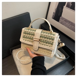 Piccola borsa quadrata retrò in paglia intrecciata beige e verde con manico in pelle e fibbia