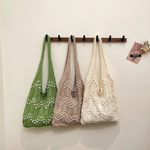 Sac Fourre-tout Tricoté avec Künstliche Perles pour Femmes Sac à Bandoulière au Crochet Ajouré Grande Capacité Sac à Main pour Plage