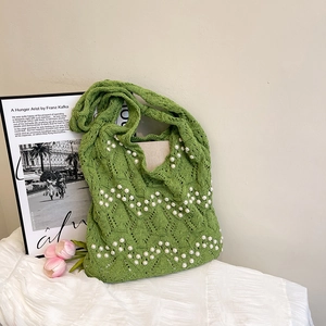 Women Knit Woven Shoulder Bag With Faux Artificial Pearl Decoration Hollow Out Crochet Tote Bag Large Capacity Casual Underarm Bag For Daily Travel