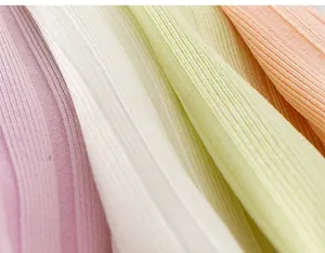Macro detail of breathable ribbed knit fabric in pastel purple, white, green and orange