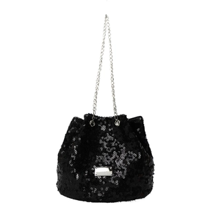 Fashionable black sequin bucket bag for women with silver chain strap and metal plate