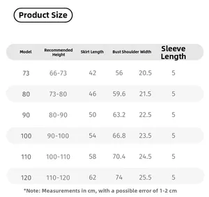 Size chart for girls traditional dress showing measurements from 66cm to 120cm height
