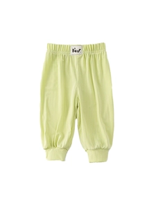 Light green vertical striped pants for kids with elastic waist and Bear patch detail