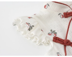 Detail of girls' cheongsam dress featuring red fruit pattern and traditional buttons
