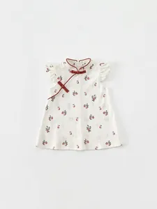 Girls Chinese Style Modified Qipao Dress Mandarin Collar Frog Button Fruit Print Ruffle Sleeve Polyester Summer Kids Dress