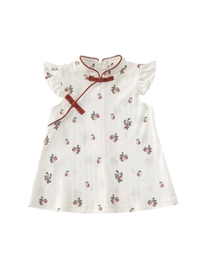 Girls traditional Chinese cheongsam dress with red pear prints and floral patterns