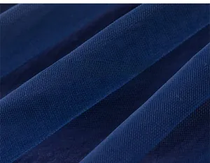 Detailed close-up of breathable dark blue multi-layer mesh tulle fabric for girl dresses