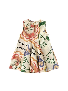 Abito a trapezio senza maniche da bambina con stampa graffiti astratta su base crema