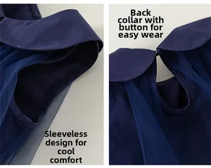 Detail view of sleeveless navy blue dress featuring breathable mesh and back button closure