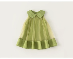 Detailed view of baby girl green sleeveless tulle princess dress with Peter Pan collar