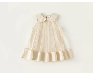 Detail of the Peter Pan collar and layered soft mesh texture on sleeveless girls dress