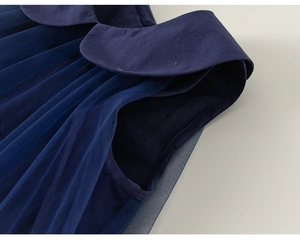 Detail of navy blue sleeveless princess dress showing cotton collar and pleated mesh texture