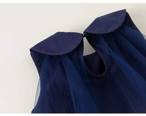 Detailed view of dark blue tulle dress featuring a classic Peter Pan collar and back button