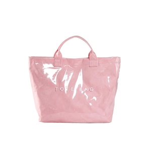 Waterproof pink DuPont paper tote bag with embossed 3D lettering and glossy wrinkled texture