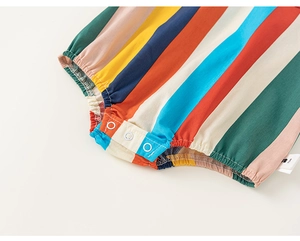 Detail of colorful striped baby romper featuring bottom snap fasteners for easy diaper changes