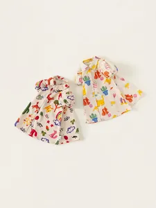 Robe chemise à manches courtes pour filles en beige avec motifs de dessins animés colorés