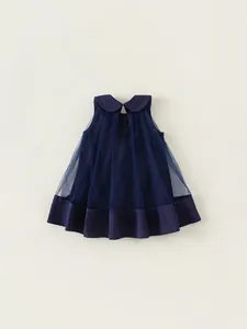 Dark blue sleeveless tulle princess dress for girls featuring a classic Peter Pan collar