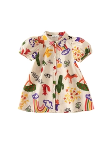 Robe chemise à manches courtes pour filles avec motifs de dessins animés et boutons