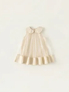 Sleeveless beige tulle princess dress for girls with Peter Pan collar and ruffled hem