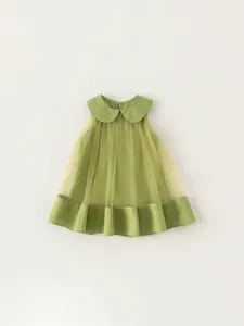 Sleeveless girls' princess dress in grass green with mesh overlay and Peter Pan collar