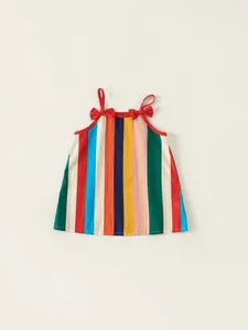 Colorful striped girls dress with red shoulder bows for summer beach wear